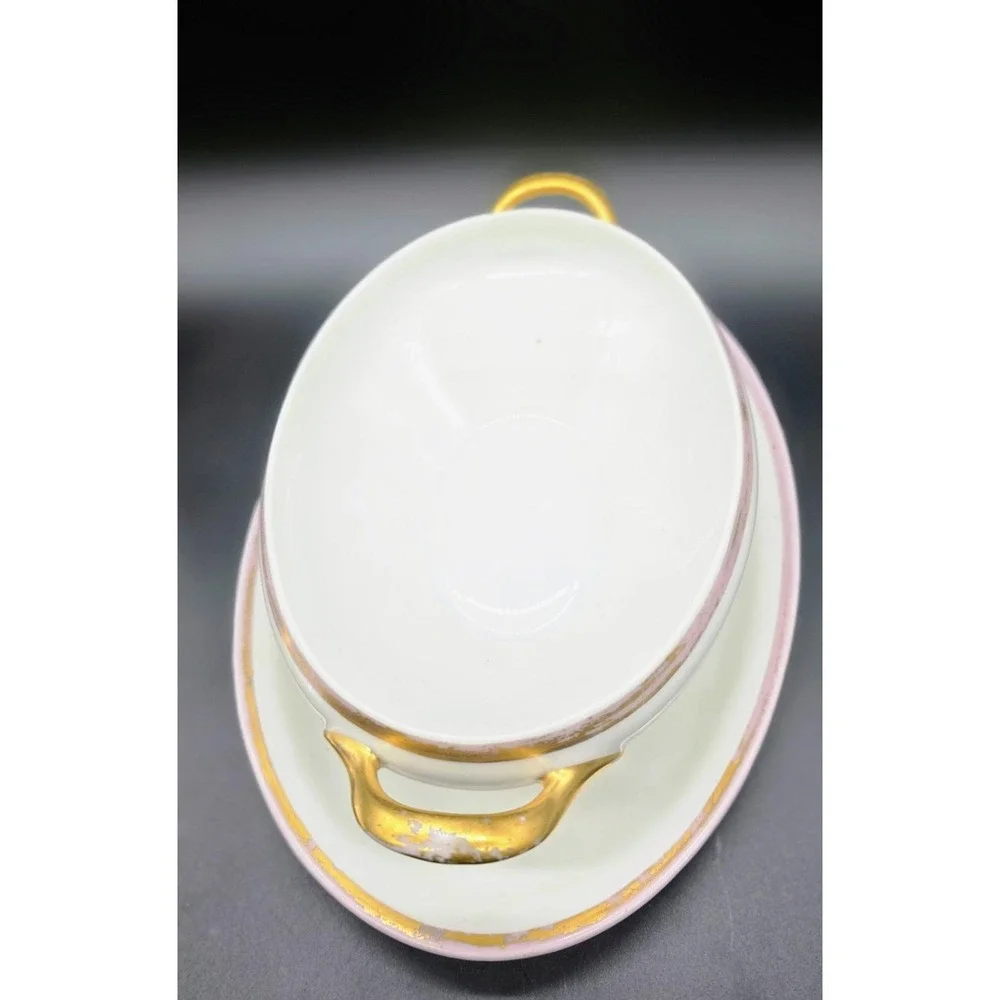 Antique UC Limoges Lidded Sauce Gravy Boat W Attached Underplate 9